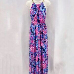 Lilly Pulitzer Floral Maxi Dress with Gold Chain Halter Neck, Like New, Size S